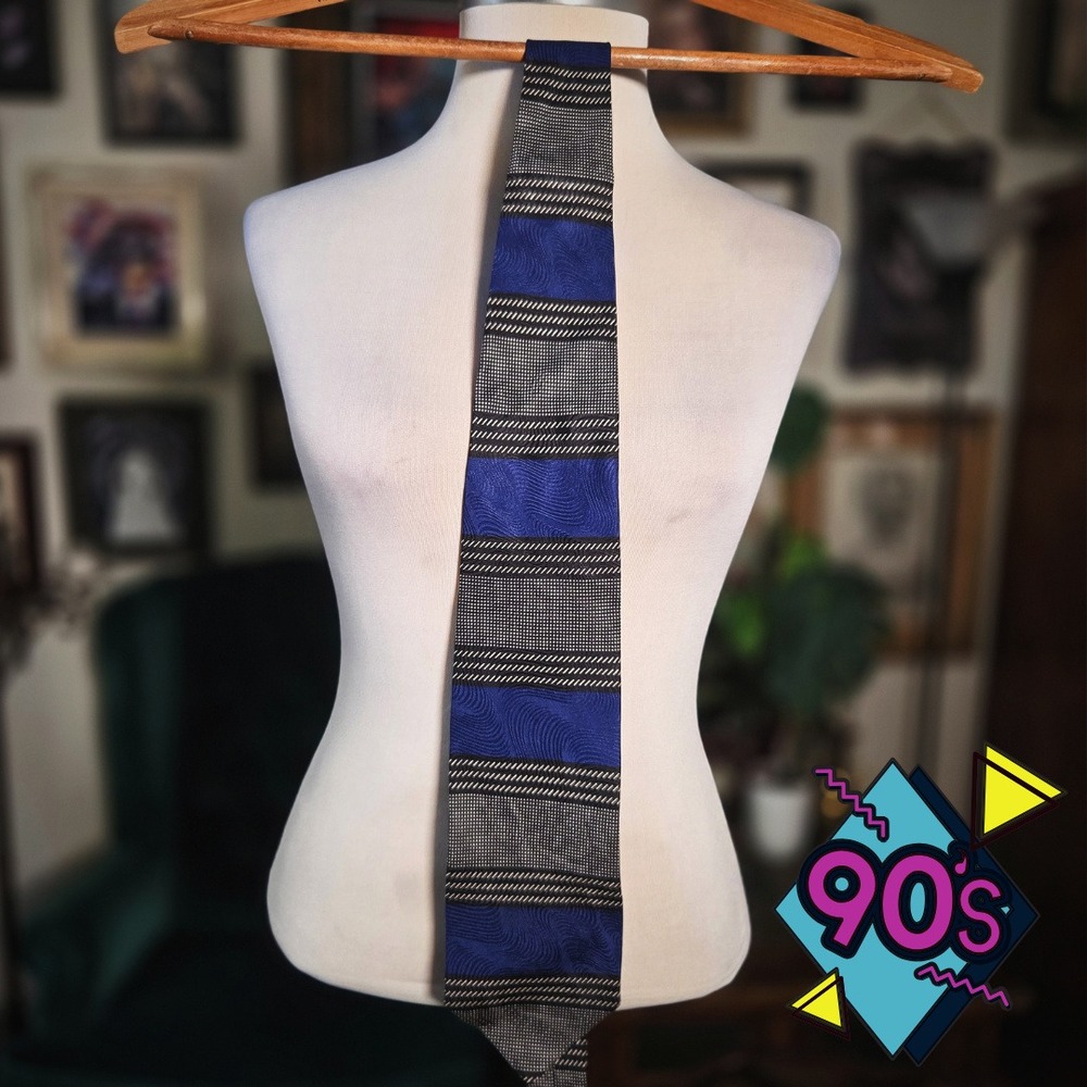 Structure‎ Silk Tie Blue Geometric Pattern Vintage 90s Mens Necktie Formal Retro